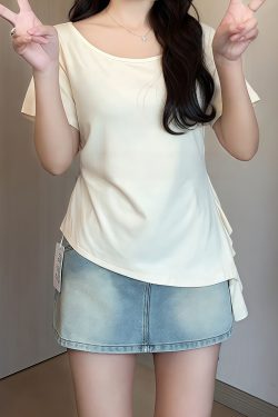 Plus Size Irregular Shoulder Short Sleeve T-Shirt for Women - Summer Ruffle Drawstring Waist Top, Slimming Fit, Trendy Style