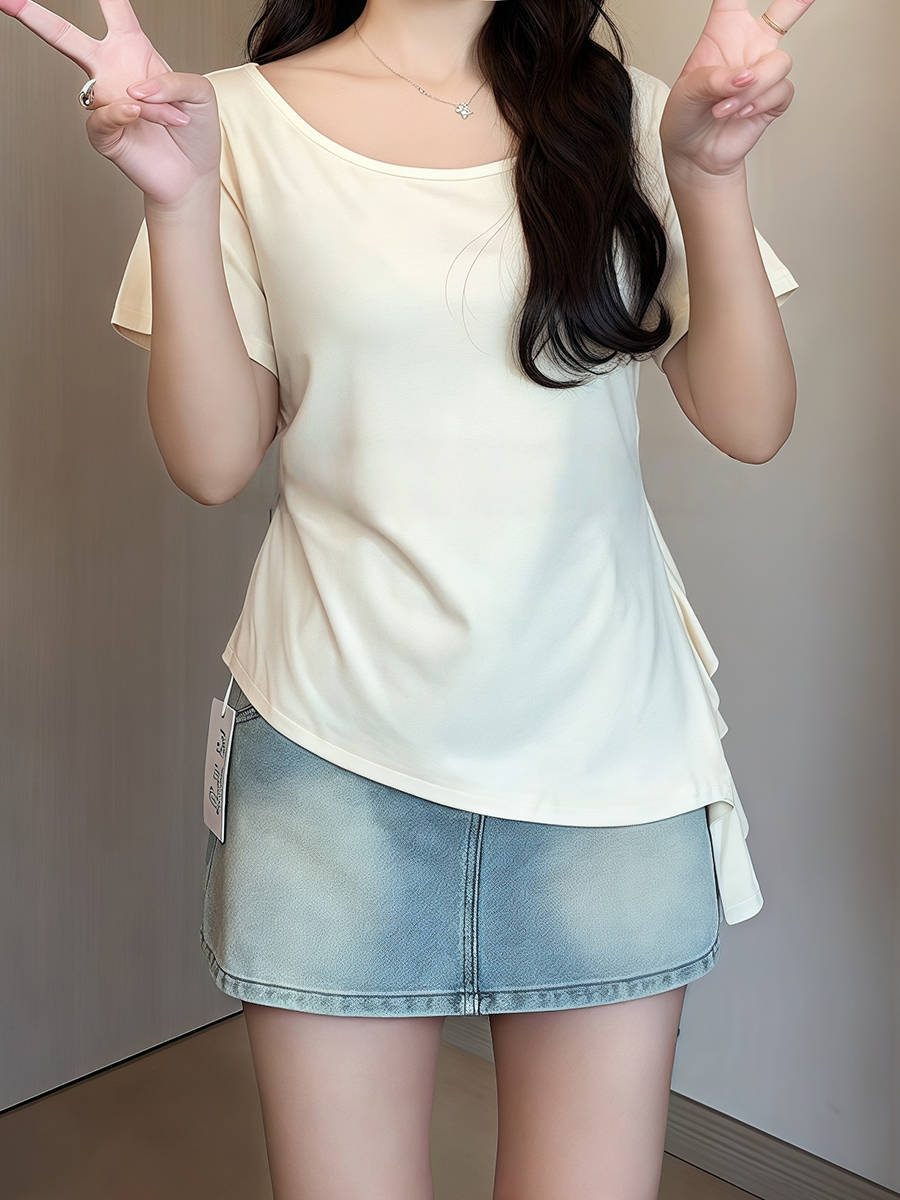 Plus Size Irregular Shoulder Short Sleeve T-Shirt for Women - Summer Ruffle Drawstring Waist Top, Slimming Fit, Trendy Style Plus Size Irregular Shoulder Short Sleeve T-Shirt for Women - Summer Ruffle Drawstring Waist Top, Slimming Fit, Trendy Style