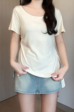 Plus Size Irregular Shoulder Short Sleeve T-Shirt for Women - Summer Ruffle Drawstring Waist Top, Slimming Fit, Trendy Style