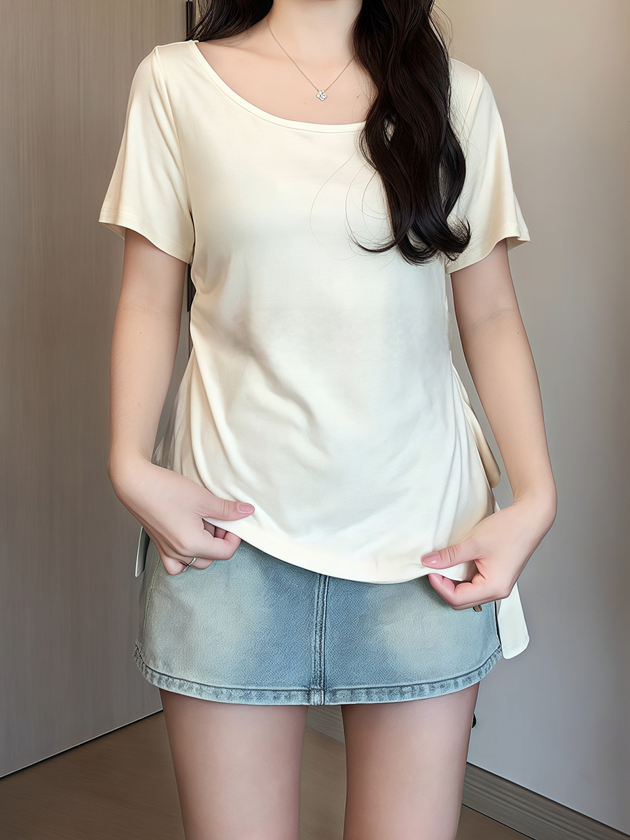 Plus Size Irregular Shoulder Short Sleeve T-Shirt for Women - Summer Ruffle Drawstring Waist Top, Slimming Fit, Trendy Style Plus Size Irregular Shoulder Short Sleeve T-Shirt for Women - Summer Ruffle Drawstring Waist Top, Slimming Fit, Trendy Style