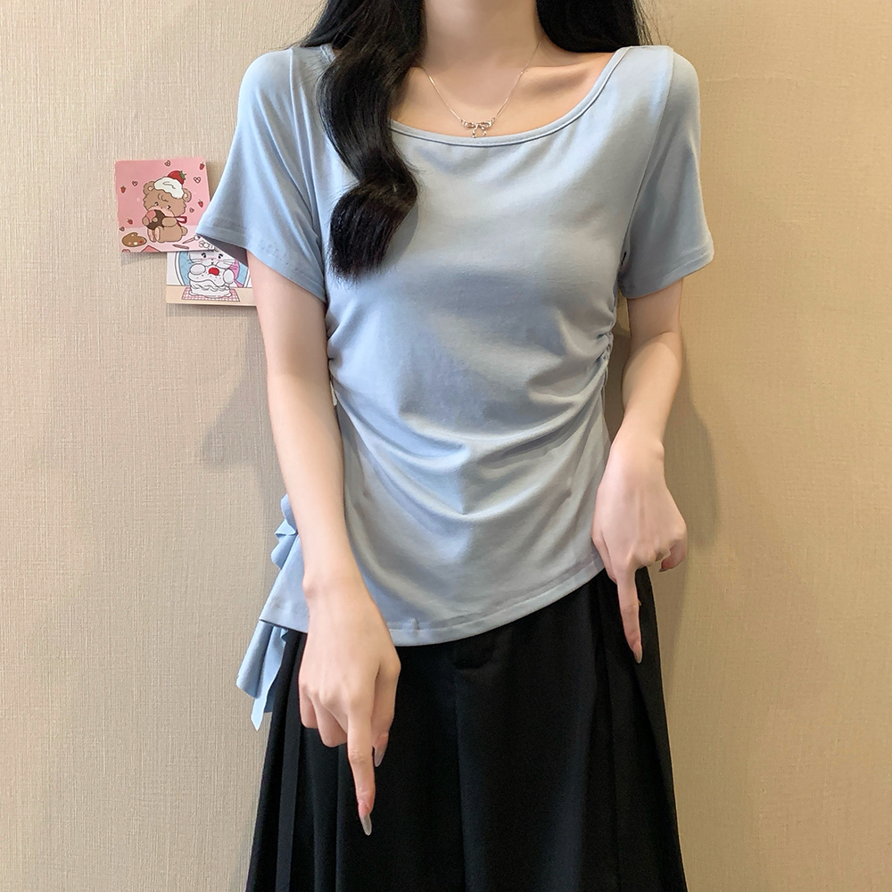 Plus Size Irregular Shoulder Short Sleeve T-Shirt for Women - Summer Ruffle Drawstring Waist Top, Slimming Fit, Trendy Style Plus Size Irregular Shoulder Short Sleeve T-Shirt for Women - Summer Ruffle Drawstring Waist Top, Slimming Fit, Trendy Style