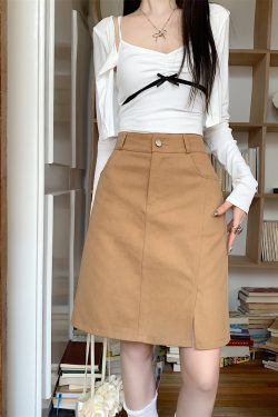 Plus Size Khaki Denim Midi Skirt for Women, Summer High-Waisted A-Line Bodycon with Slimming Split Design