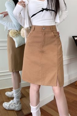 Plus Size Khaki Denim Midi Skirt for Women, Summer High-Waisted A-Line Bodycon with Slimming Split Design