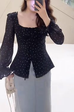Plus Size Korean-Style Black Polka Dot Blouse for Women - Flattering Square Neck, Waist-Cinching Design, Perfect for Chubby Figures