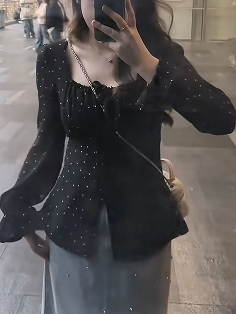 Plus Size Korean-Style Black Polka Dot Blouse for Women - Flattering Square Neck, Waist-Cinching Design, Perfect for Chubby Figures Plus Size Korean-Style Black Polka Dot Blouse for Women - Flattering Square Neck, Waist-Cinching Design, Perfect for Chubby Figures