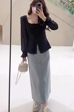 Plus Size Korean-Style Black Polka Dot Blouse for Women - Flattering Square Neck, Waist-Cinching Design, Perfect for Chubby Figures