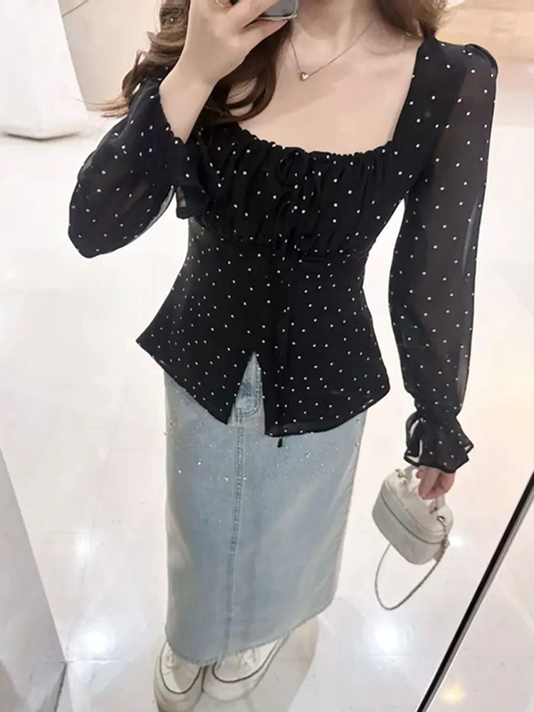 Plus Size Korean-Style Black Polka Dot Blouse for Women - Flattering Square Neck, Waist-Cinching Design, Perfect for Chubby Figures Plus Size Korean-Style Black Polka Dot Blouse for Women - Flattering Square Neck, Waist-Cinching Design, Perfect for Chubby Figures
