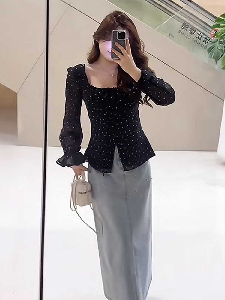 Plus Size Korean-Style Black Polka Dot Blouse for Women - Flattering Square Neck, Waist-Cinching Design, Perfect for Chubby Figures Plus Size Korean-Style Black Polka Dot Blouse for Women - Flattering Square Neck, Waist-Cinching Design, Perfect for Chubby Figures