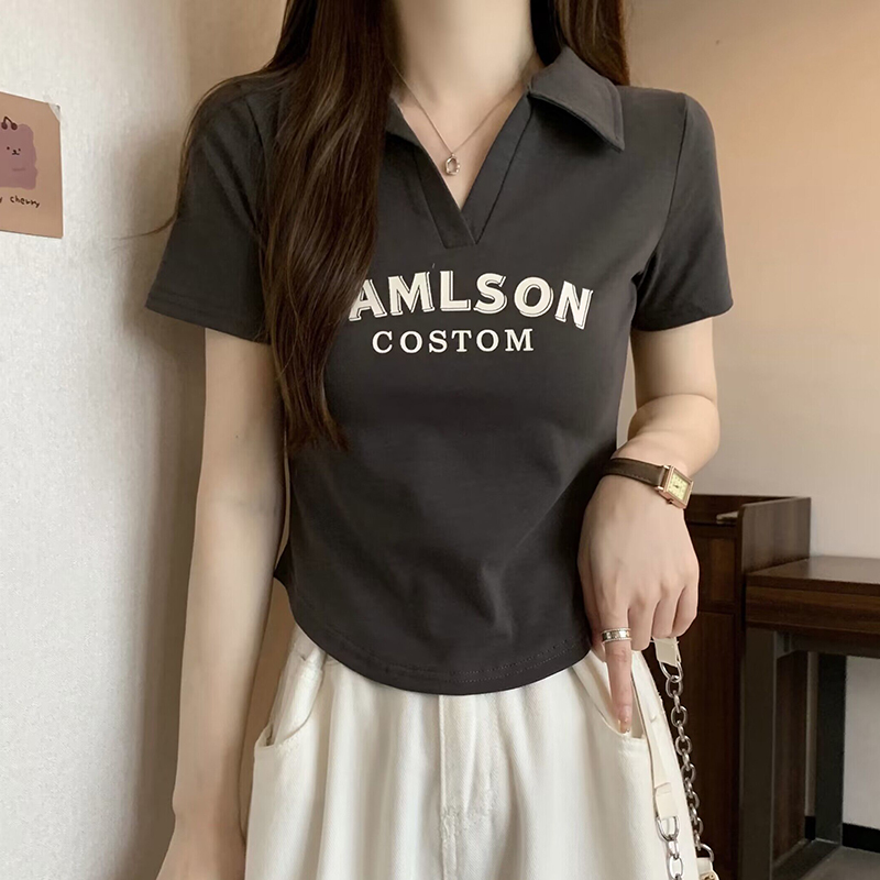 Plus Size Korean Style Letter Polo Collar Short Sleeve T-Shirt for Women - Tummy-Covering Slim Fit Cropped Top for Summer Plus Size Korean Style Letter Polo Collar Short Sleeve T-Shirt for Women - Tummy-Covering Slim Fit Cropped Top for Summer