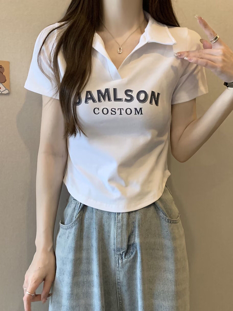Plus Size Korean Style Letter Polo Collar Short Sleeve T-Shirt for Women - Tummy-Covering Slim Fit Cropped Top for Summer Plus Size Korean Style Letter Polo Collar Short Sleeve T-Shirt for Women - Tummy-Covering Slim Fit Cropped Top for Summer