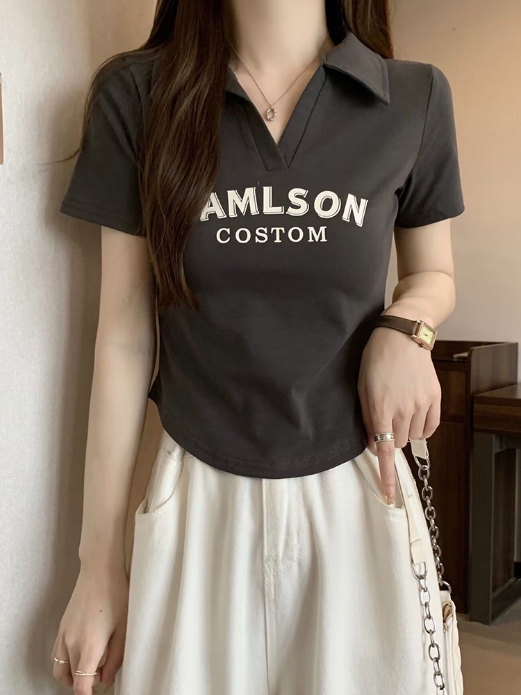 Plus Size Korean Style Letter Polo Collar Short Sleeve T-Shirt for Women - Tummy-Covering Slim Fit Cropped Top for Summer Plus Size Korean Style Letter Polo Collar Short Sleeve T-Shirt for Women - Tummy-Covering Slim Fit Cropped Top for Summer