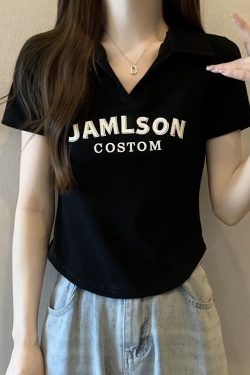Plus Size Korean Style Letter Polo Collar Short Sleeve T-Shirt for Women - Tummy-Covering Slim Fit Cropped Top for Summer