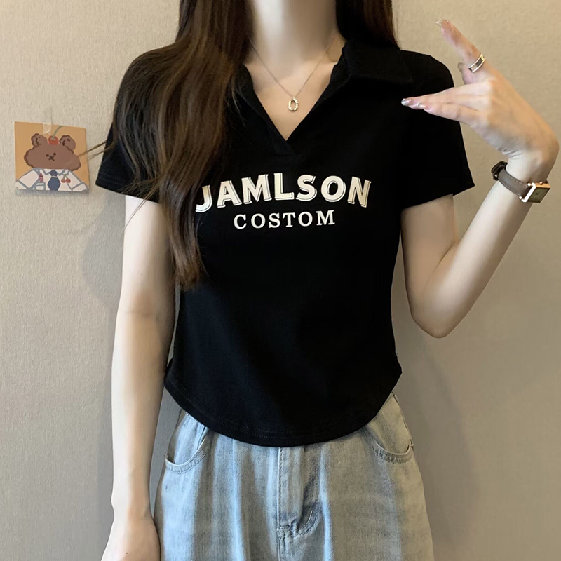Plus Size Korean Style Letter Polo Collar Short Sleeve T-Shirt for Women - Tummy-Covering Slim Fit Cropped Top for Summer Plus Size Korean Style Letter Polo Collar Short Sleeve T-Shirt for Women - Tummy-Covering Slim Fit Cropped Top for Summer