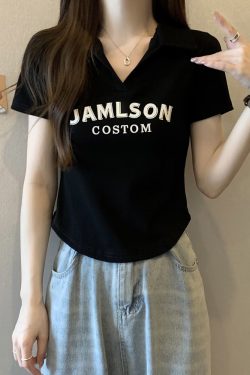 Plus Size Korean Style Letter Polo Collar Short Sleeve T-Shirt for Women - Tummy-Covering Slim Fit Cropped Top for Summer