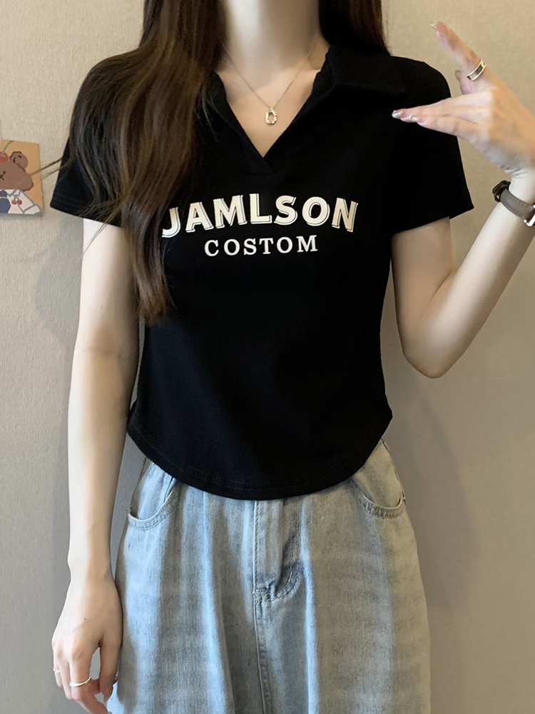 Plus Size Korean Style Letter Polo Collar Short Sleeve T-Shirt for Women - Tummy-Covering Slim Fit Cropped Top for Summer Plus Size Korean Style Letter Polo Collar Short Sleeve T-Shirt for Women - Tummy-Covering Slim Fit Cropped Top for Summer