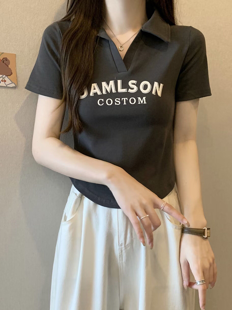 Plus Size Korean Style Letter Polo Collar Short Sleeve T-Shirt for Women - Tummy-Covering Slim Fit Cropped Top for Summer Plus Size Korean Style Letter Polo Collar Short Sleeve T-Shirt for Women - Tummy-Covering Slim Fit Cropped Top for Summer