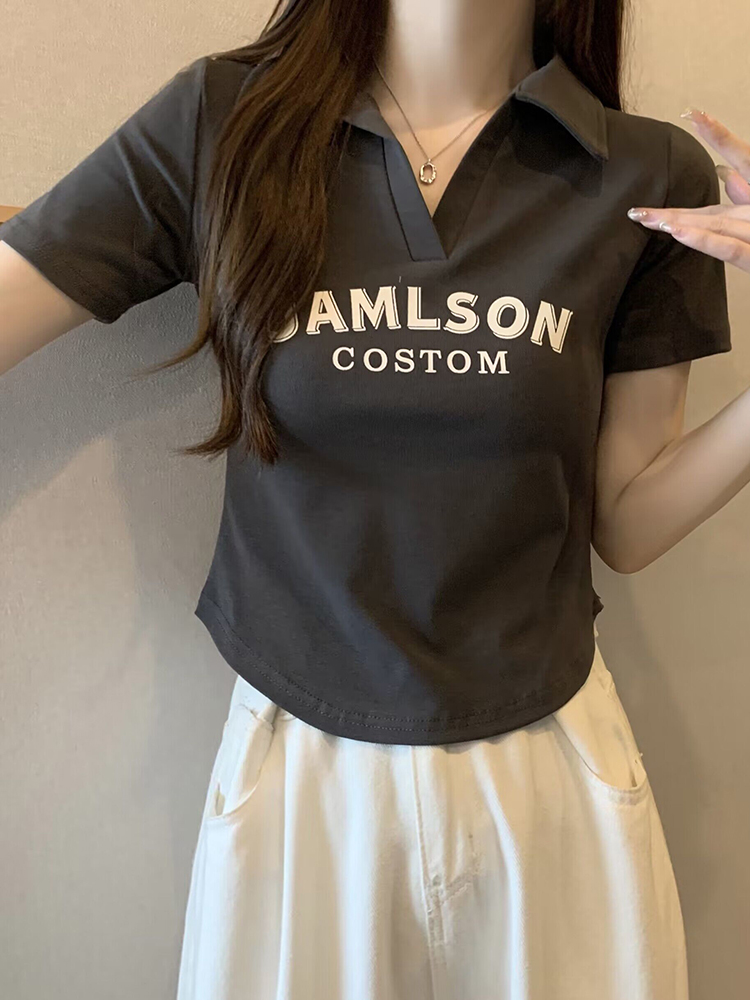 Plus Size Korean Style Letter Polo Collar Short Sleeve T-Shirt for Women - Tummy-Covering Slim Fit Cropped Top for Summer Plus Size Korean Style Letter Polo Collar Short Sleeve T-Shirt for Women - Tummy-Covering Slim Fit Cropped Top for Summer
