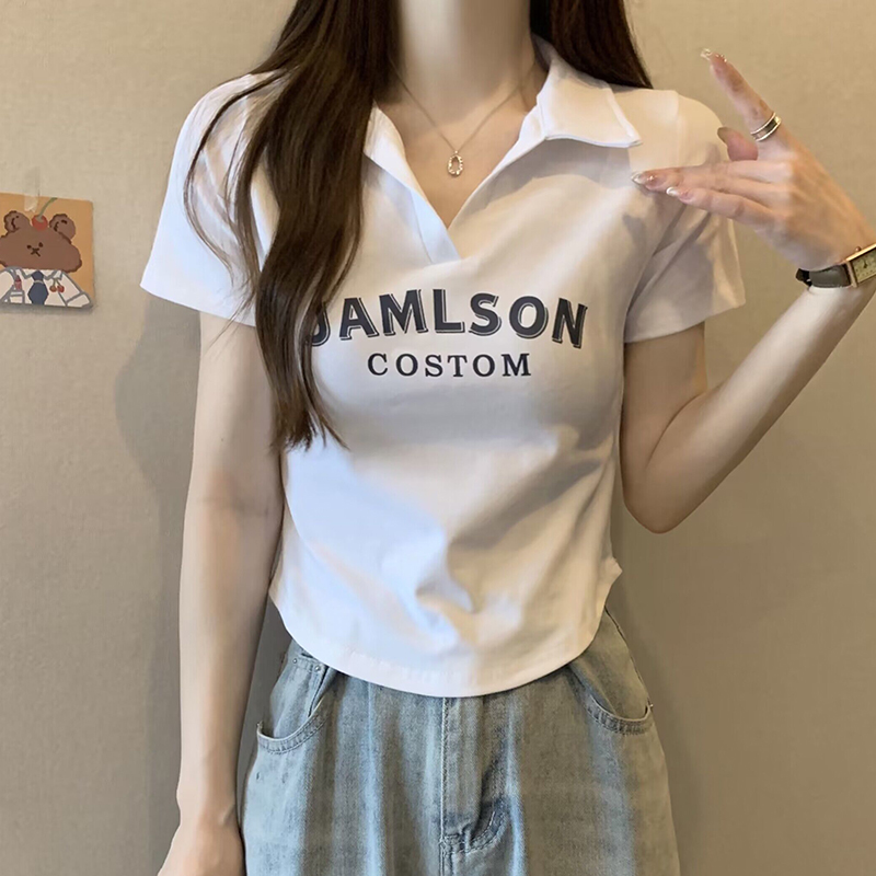 Plus Size Korean Style Letter Polo Collar Short Sleeve T-Shirt for Women - Tummy-Covering Slim Fit Cropped Top for Summer Plus Size Korean Style Letter Polo Collar Short Sleeve T-Shirt for Women - Tummy-Covering Slim Fit Cropped Top for Summer