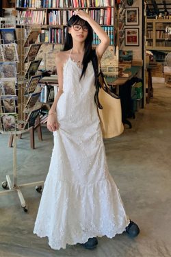 Plus-Size Lace Camisole Dress for Women, Summer French Style, Loose-Fitting Backless A-Line Long Dress, Slimming 90s Inspired Fashion