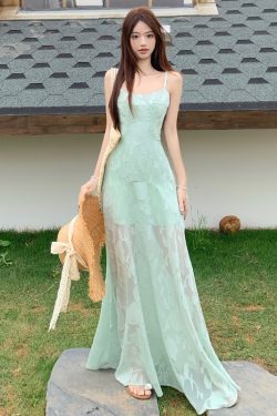 Plus Size Lace Mesh Camisole Dress for Women, Summer French Style, Waist-Cinching A-Line Long Dress for Beach Vacation