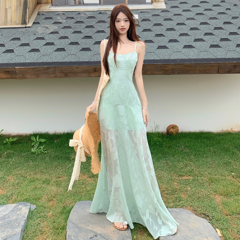 Plus Size Lace Mesh Camisole Dress for Women, Summer French Style, Waist-Cinching A-Line Long Dress for Beach Vacation Plus Size Lace Mesh Camisole Dress for Women, Summer French Style, Waist-Cinching A-Line Long Dress for Beach Vacation