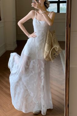 Plus Size Lace Mesh Camisole Dress for Women, Summer French Style, Waist-Cinching A-Line Long Dress for Beach Vacation