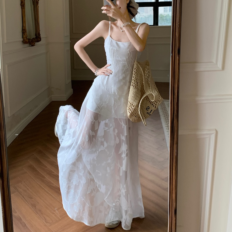 Plus Size Lace Mesh Camisole Dress for Women, Summer French Style, Waist-Cinching A-Line Long Dress for Beach Vacation Plus Size Lace Mesh Camisole Dress for Women, Summer French Style, Waist-Cinching A-Line Long Dress for Beach Vacation