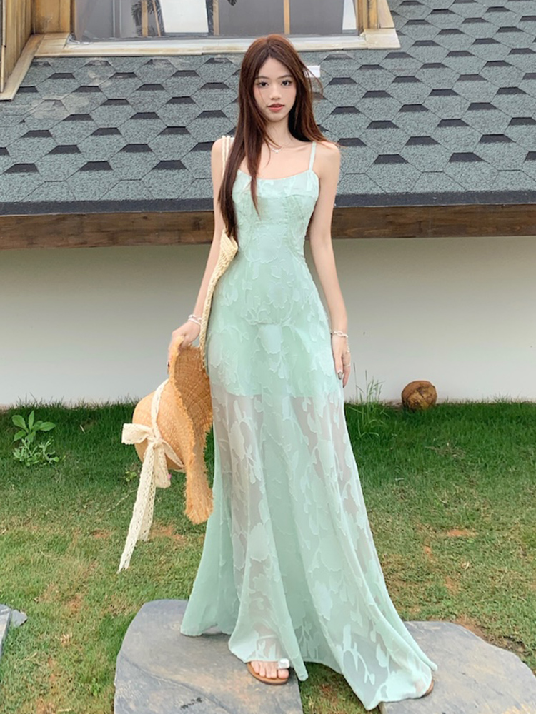 Plus Size Lace Mesh Camisole Dress for Women, Summer French Style, Waist-Cinching A-Line Long Dress for Beach Vacation Plus Size Lace Mesh Camisole Dress for Women, Summer French Style, Waist-Cinching A-Line Long Dress for Beach Vacation