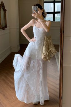 Plus Size Lace Mesh Camisole Dress for Women, Summer French Style, Waist-Cinching A-Line Long Dress for Beach Vacation