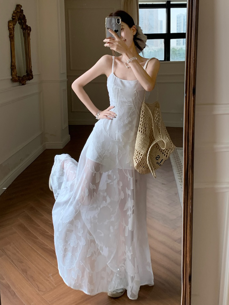 Plus Size Lace Mesh Camisole Dress for Women, Summer French Style, Waist-Cinching A-Line Long Dress for Beach Vacation Plus Size Lace Mesh Camisole Dress for Women, Summer French Style, Waist-Cinching A-Line Long Dress for Beach Vacation