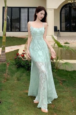 Plus Size Lace Mesh Camisole Dress for Women, Summer French Style, Waist-Cinching A-Line Long Dress for Beach Vacation