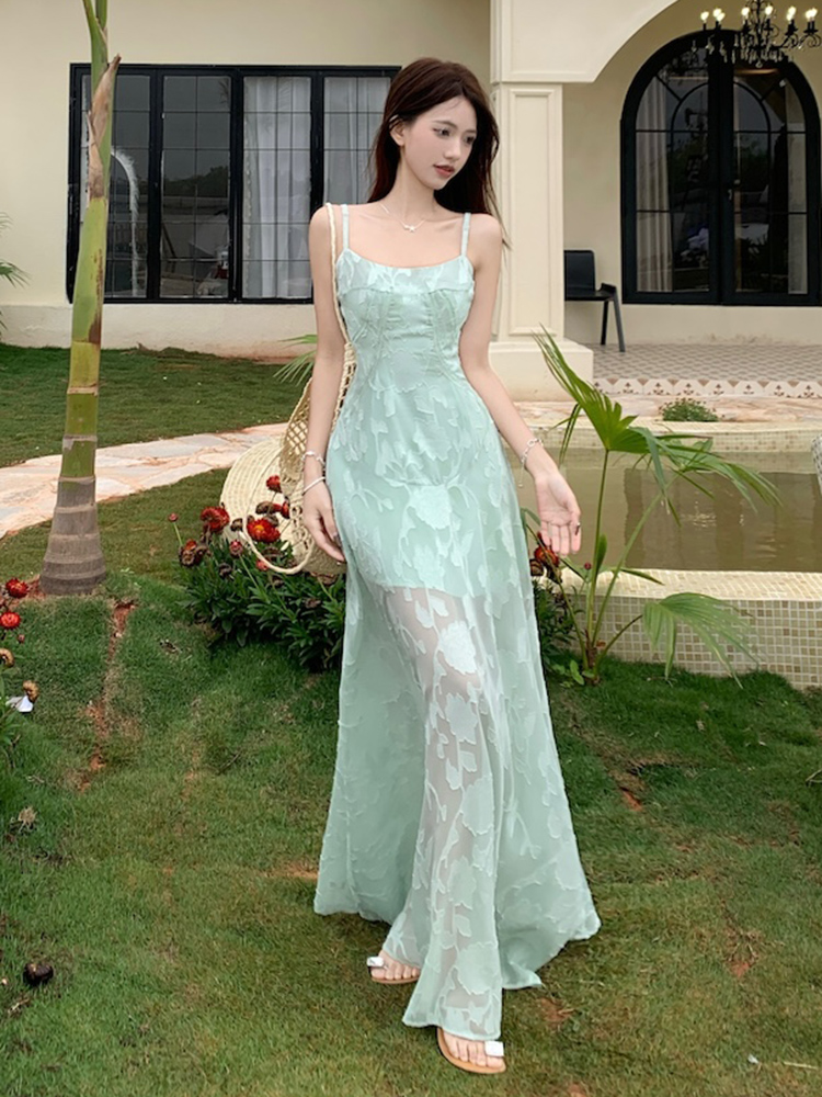 Plus Size Lace Mesh Camisole Dress for Women, Summer French Style, Waist-Cinching A-Line Long Dress for Beach Vacation Plus Size Lace Mesh Camisole Dress for Women, Summer French Style, Waist-Cinching A-Line Long Dress for Beach Vacation