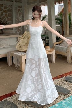 Plus Size Lace Mesh Camisole Dress for Women, Summer French Style, Waist-Cinching A-Line Long Dress for Beach Vacation