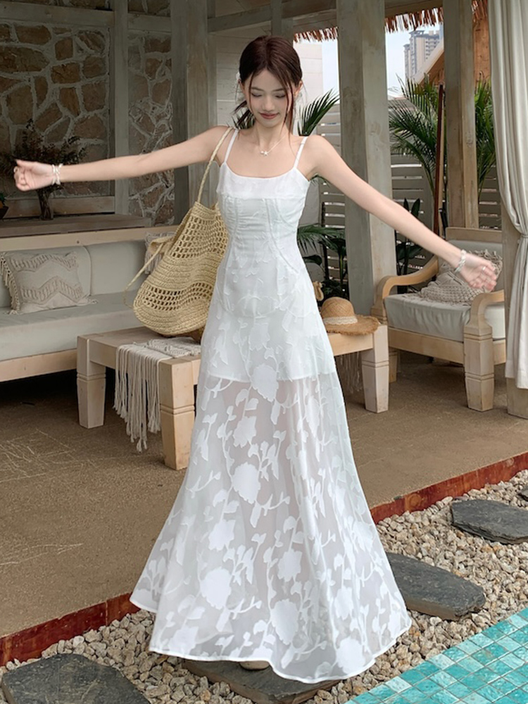 Plus Size Lace Mesh Camisole Dress for Women, Summer French Style, Waist-Cinching A-Line Long Dress for Beach Vacation Plus Size Lace Mesh Camisole Dress for Women, Summer French Style, Waist-Cinching A-Line Long Dress for Beach Vacation