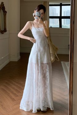 Plus Size Lace Mesh Camisole Dress for Women, Summer French Style, Waist-Cinching A-Line Long Dress for Beach Vacation