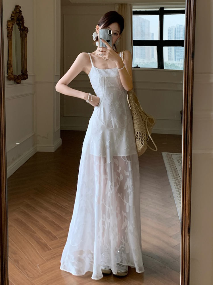 Plus Size Lace Mesh Camisole Dress for Women, Summer French Style, Waist-Cinching A-Line Long Dress for Beach Vacation Plus Size Lace Mesh Camisole Dress for Women, Summer French Style, Waist-Cinching A-Line Long Dress for Beach Vacation