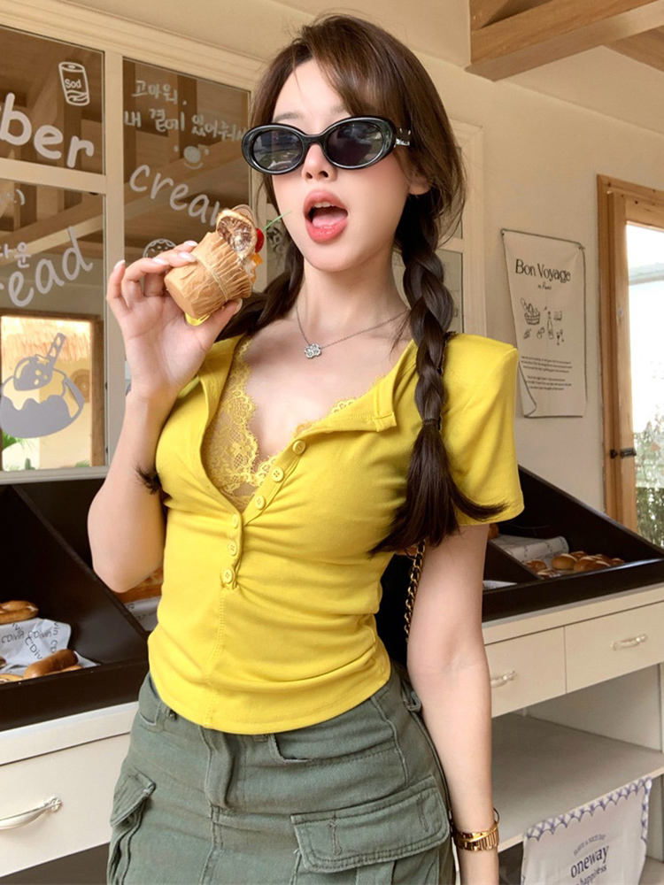 Plus Size Lace Spliced Button V-Neck Short Sleeve T-Shirt for Women - Summer Slim Fit Faux Two-Piece Top in Pure Desire Style Plus Size Lace Spliced Button V-Neck Short Sleeve T-Shirt for Women - Summer Slim Fit Faux Two-Piece Top in Pure Desire Style