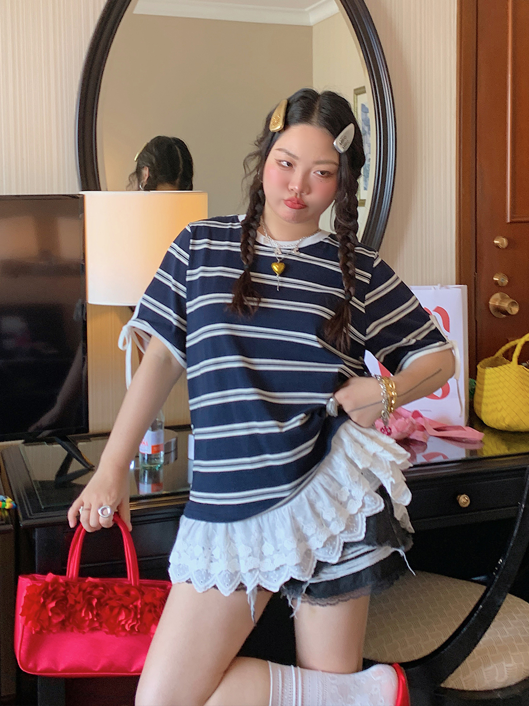 Plus Size Lace Spliced Striped T-Shirt for Women, Short Sleeve Summer 2025 Style, Unique and Trendy Top Plus Size Lace Spliced Striped T-Shirt for Women, Short Sleeve Summer 2025 Style, Unique and Trendy Top