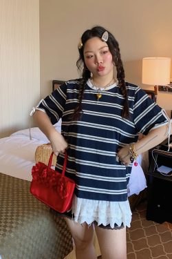 Plus Size Lace Spliced Striped T-Shirt for Women, Short Sleeve Summer 2025 Style, Unique and Trendy Top