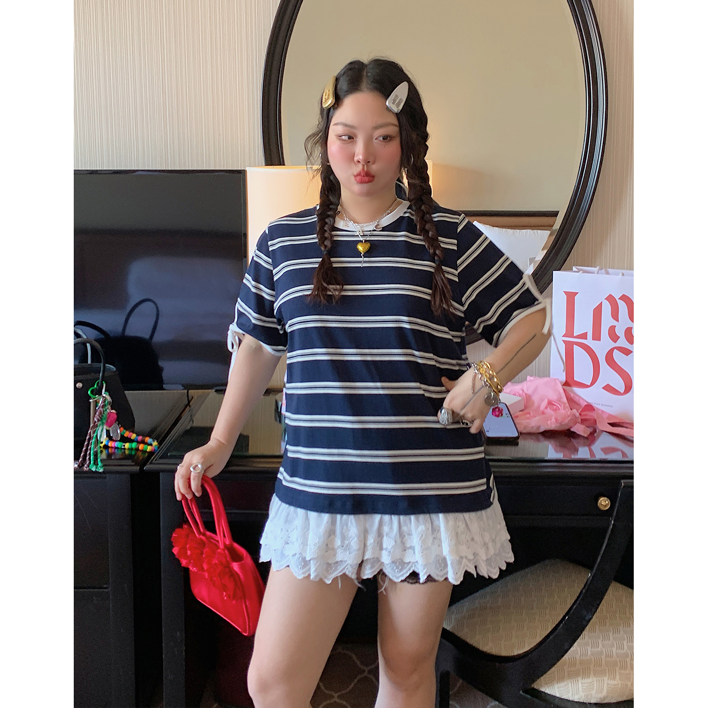 Plus Size Lace Spliced Striped T-Shirt for Women, Short Sleeve Summer 2025 Style, Unique and Trendy Top Plus Size Lace Spliced Striped T-Shirt for Women, Short Sleeve Summer 2025 Style, Unique and Trendy Top