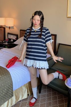 Plus Size Lace Spliced Striped T-Shirt for Women, Short Sleeve Summer 2025 Style, Unique and Trendy Top