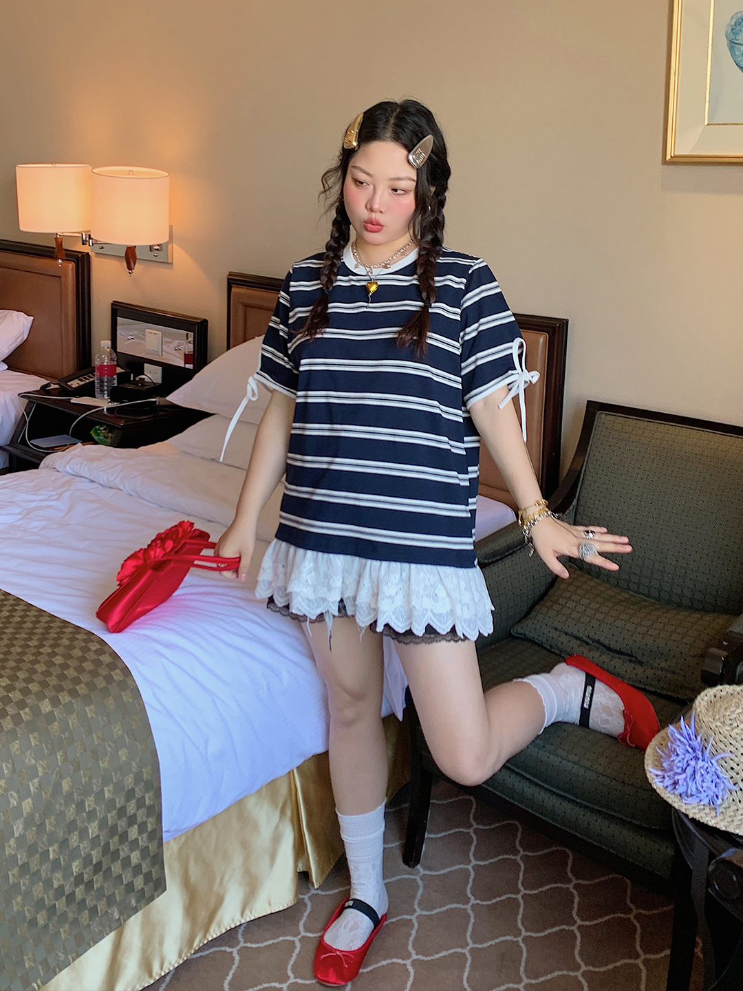 Plus Size Lace Spliced Striped T-Shirt for Women, Short Sleeve Summer 2025 Style, Unique and Trendy Top Plus Size Lace Spliced Striped T-Shirt for Women, Short Sleeve Summer 2025 Style, Unique and Trendy Top