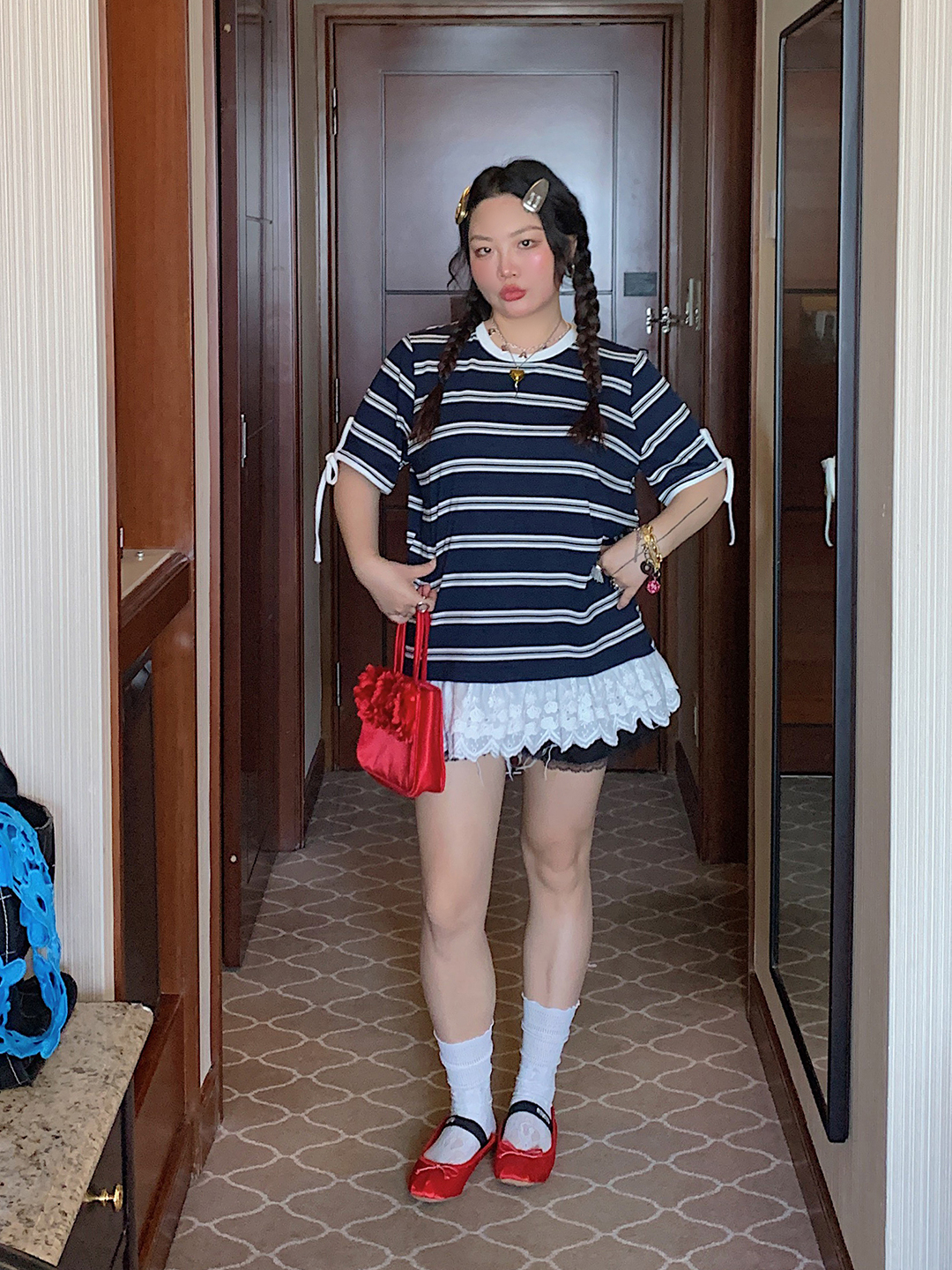 Plus Size Lace Spliced Striped T-Shirt for Women, Short Sleeve Summer 2025 Style, Unique and Trendy Top Plus Size Lace Spliced Striped T-Shirt for Women, Short Sleeve Summer 2025 Style, Unique and Trendy Top