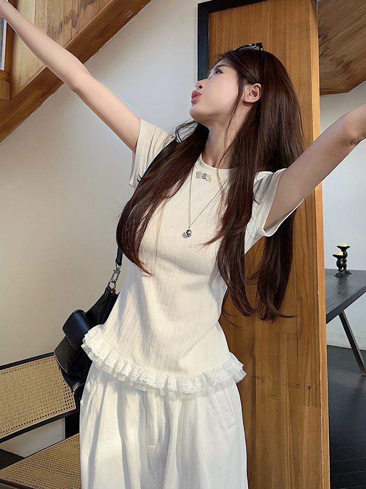 Plus Size Lace Trim Knitted Short Sleeve T-Shirt for Women, Summer Korean Style Slim Fit Top, Elegant Casual Wear Plus Size Lace Trim Knitted Short Sleeve T-Shirt for Women, Summer Korean Style Slim Fit Top, Elegant Casual Wear