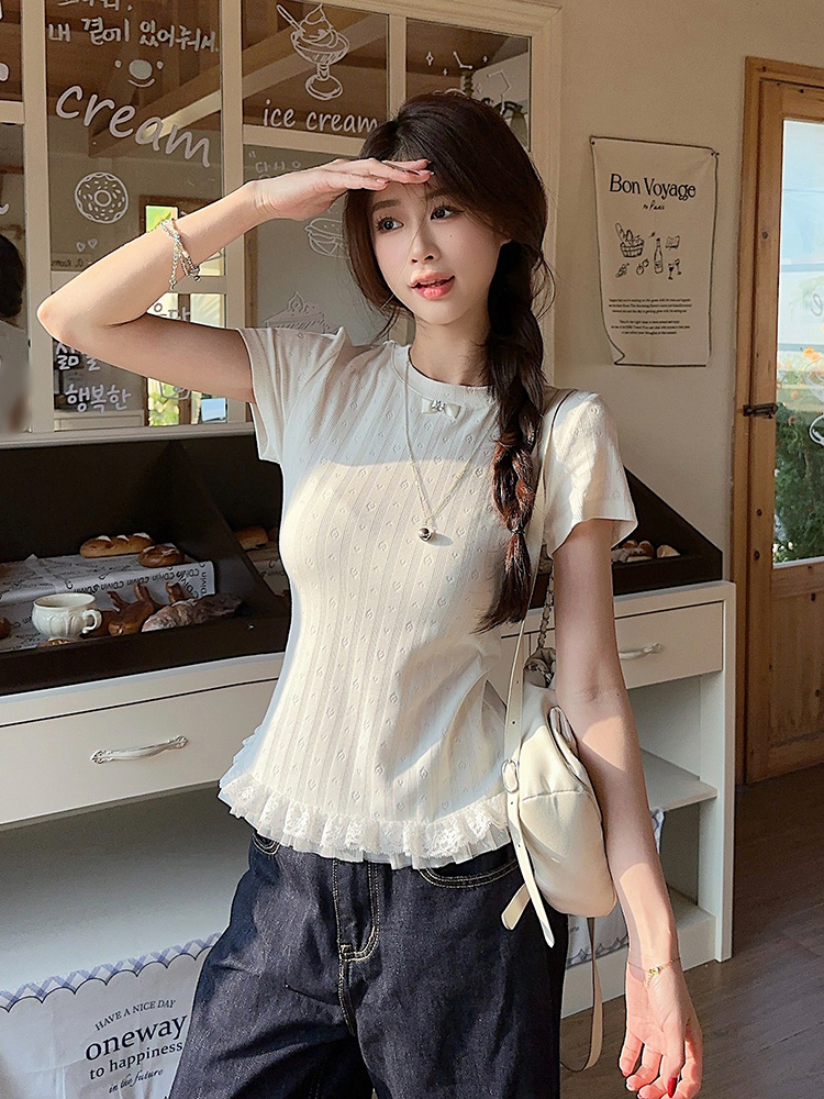 Plus Size Lace Trim Knitted Short Sleeve T-Shirt for Women, Summer Korean Style Slim Fit Top, Elegant Casual Wear Plus Size Lace Trim Knitted Short Sleeve T-Shirt for Women, Summer Korean Style Slim Fit Top, Elegant Casual Wear