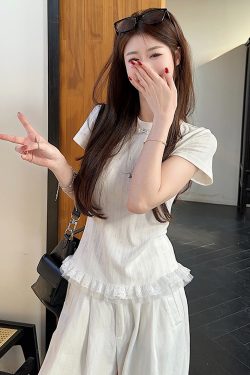 Plus Size Lace Trim Knitted Short Sleeve T-Shirt for Women, Summer Korean Style Slim Fit Top, Elegant Casual Wear