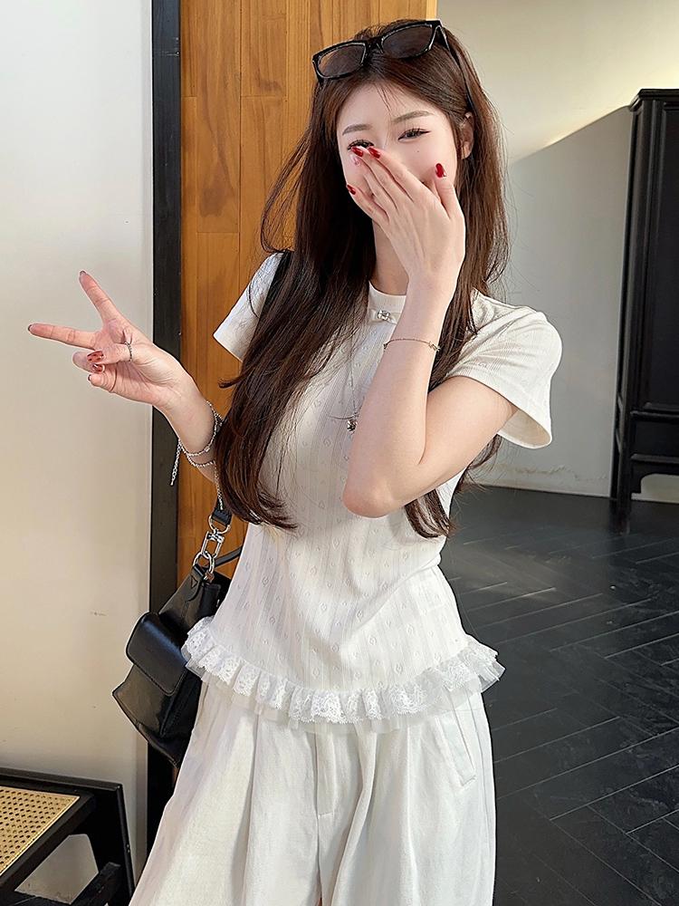 Plus Size Lace Trim Knitted Short Sleeve T-Shirt for Women, Summer Korean Style Slim Fit Top, Elegant Casual Wear Plus Size Lace Trim Knitted Short Sleeve T-Shirt for Women, Summer Korean Style Slim Fit Top, Elegant Casual Wear