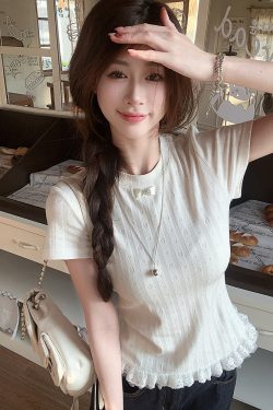 Plus Size Lace Trim Knitted Short Sleeve T-Shirt for Women, Summer Korean Style Slim Fit Top, Elegant Casual Wear