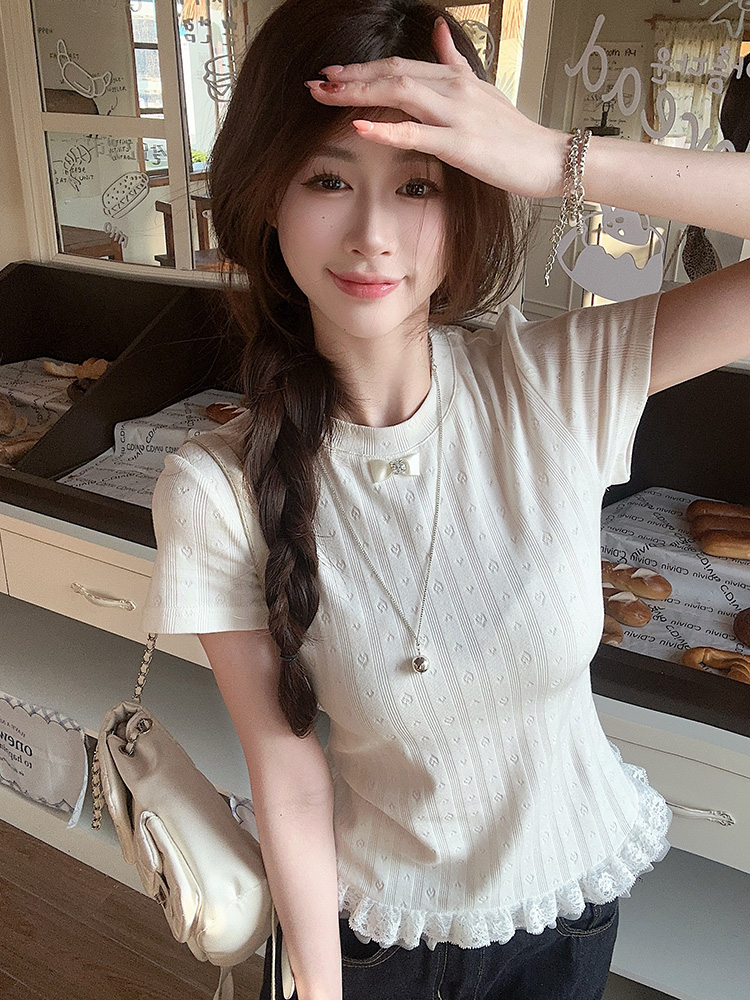 Plus Size Lace Trim Knitted Short Sleeve T-Shirt for Women, Summer Korean Style Slim Fit Top, Elegant Casual Wear Plus Size Lace Trim Knitted Short Sleeve T-Shirt for Women, Summer Korean Style Slim Fit Top, Elegant Casual Wear