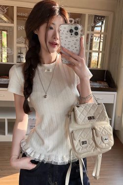 Plus Size Lace Trim Knitted Short Sleeve T-Shirt for Women, Summer Korean Style Slim Fit Top, Elegant Casual Wear
